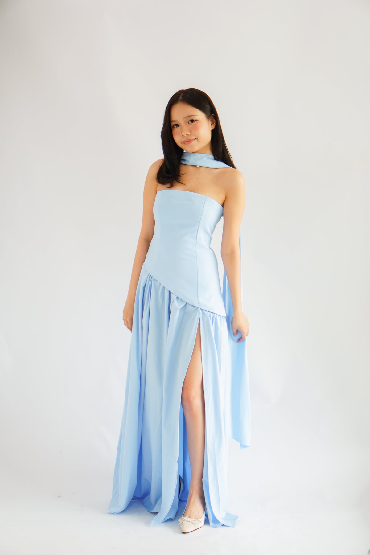 Dephora Tube Maxi Asymmetrical Dress with Sash in Light Blue