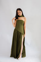 Dephora Tube Maxi Asymmetrical Dress with Sash in Green