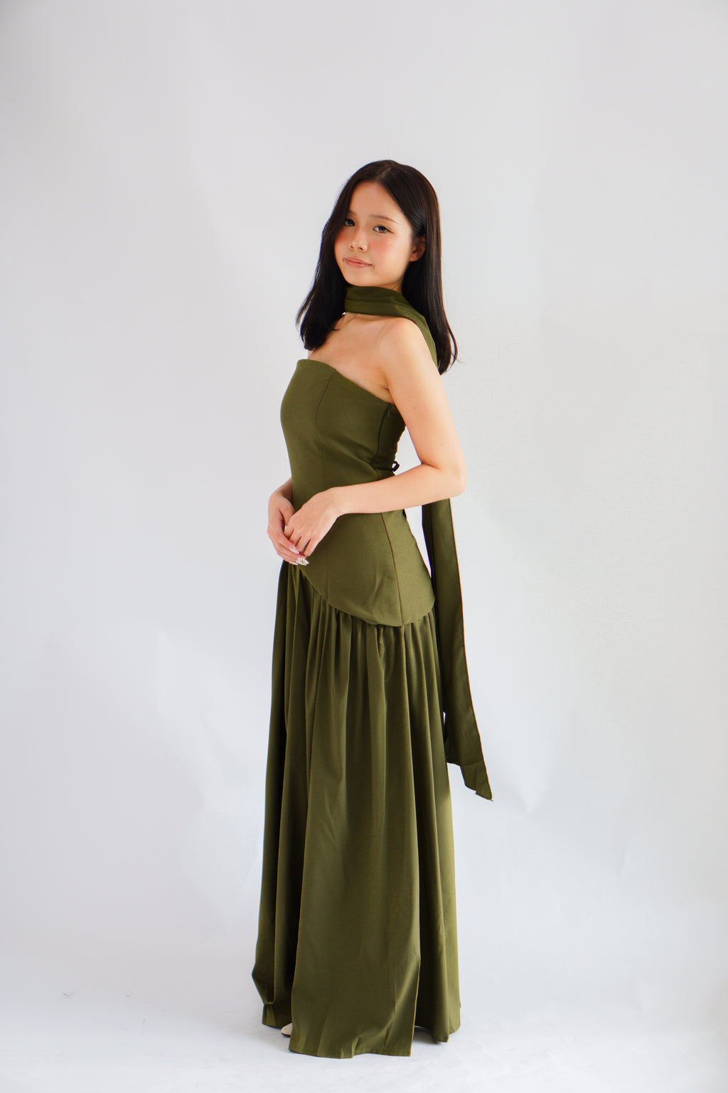 Dephora Tube Maxi Asymmetrical Dress with Sash in Green