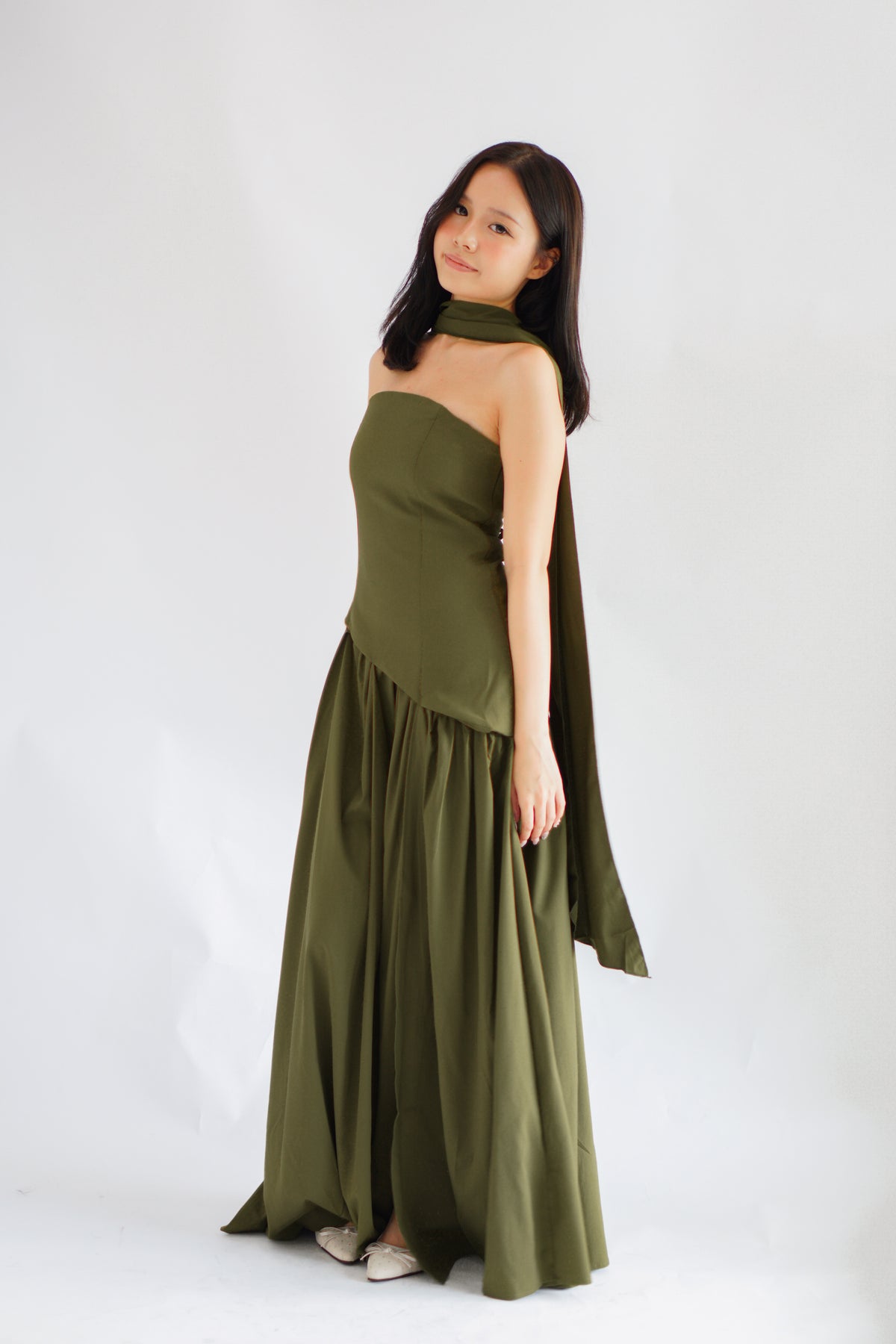 Dephora Tube Maxi Asymmetrical Dress with Sash in Green
