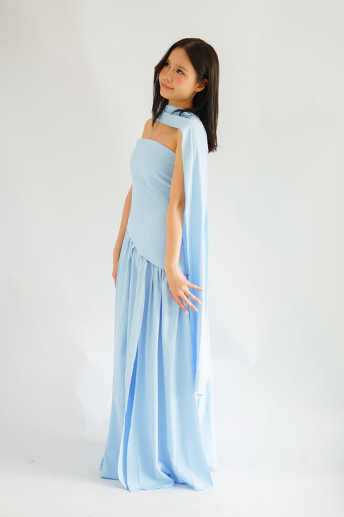 Dephora Tube Maxi Asymmetrical Dress with Sash in Light Blue