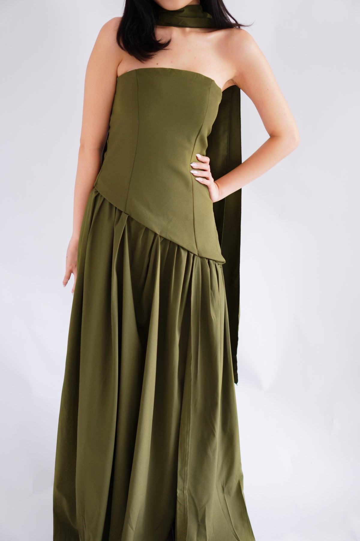 Dephora Tube Maxi Asymmetrical Dress with Sash in Green