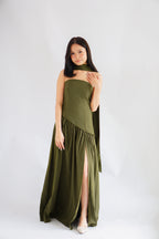 Dephora Tube Maxi Asymmetrical Dress with Sash in Green