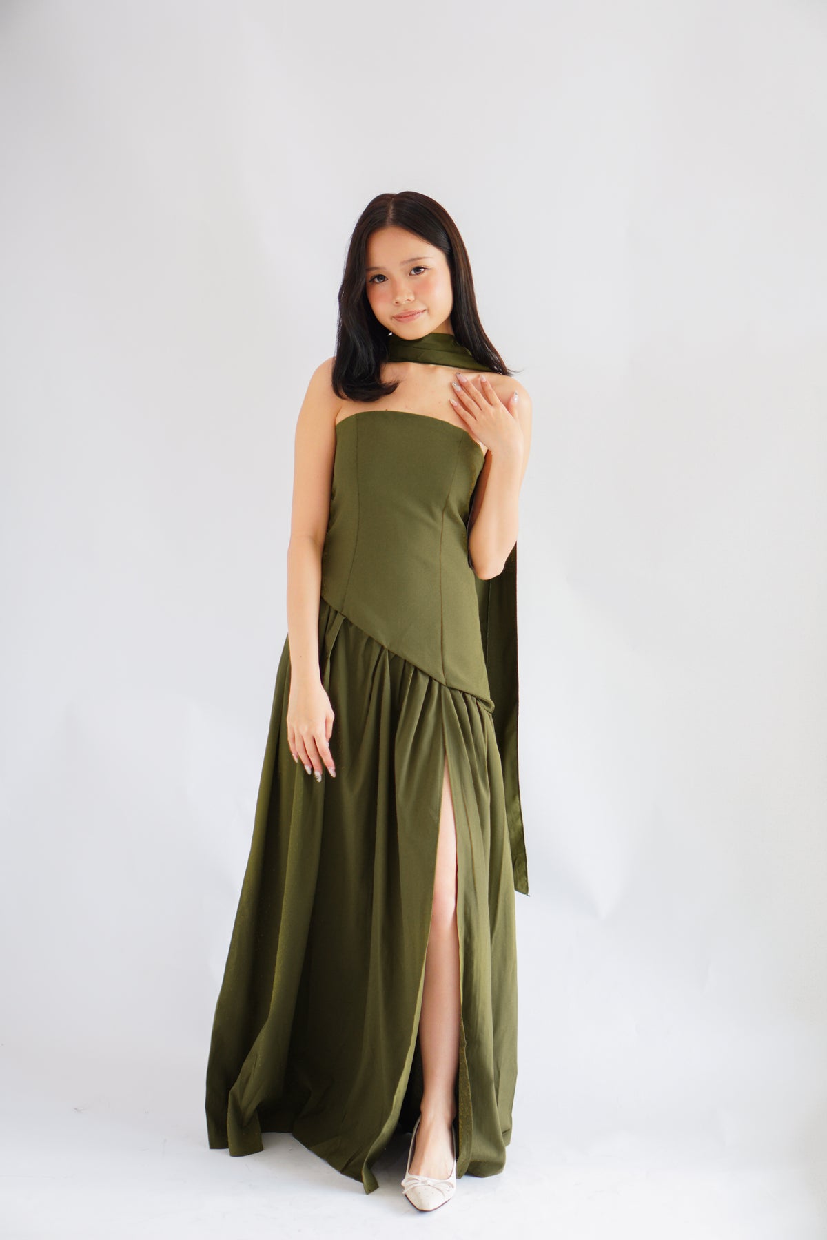 Dephora Tube Maxi Asymmetrical Dress with Sash in Green