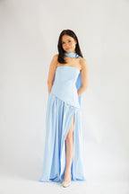 Dephora Tube Maxi Asymmetrical Dress with Sash in Light Blue