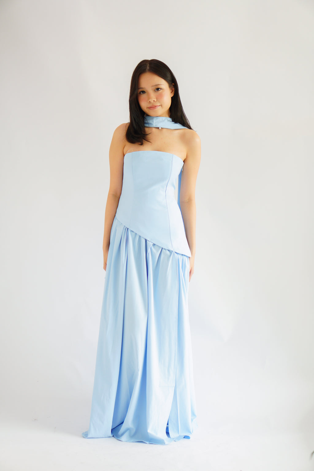 Dephora Tube Maxi Asymmetrical Dress with Sash in Light Blue