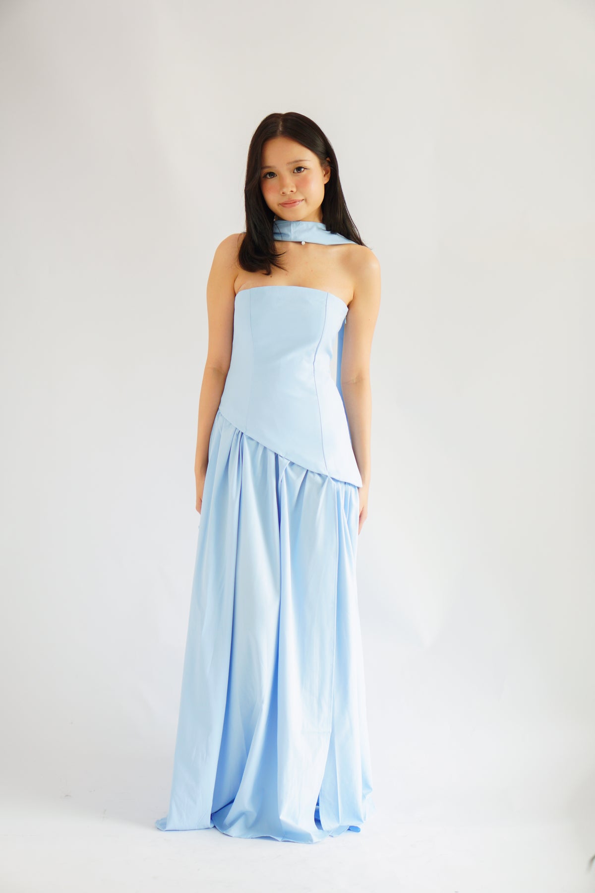 Dephora Tube Maxi Asymmetrical Dress with Sash in Light Blue