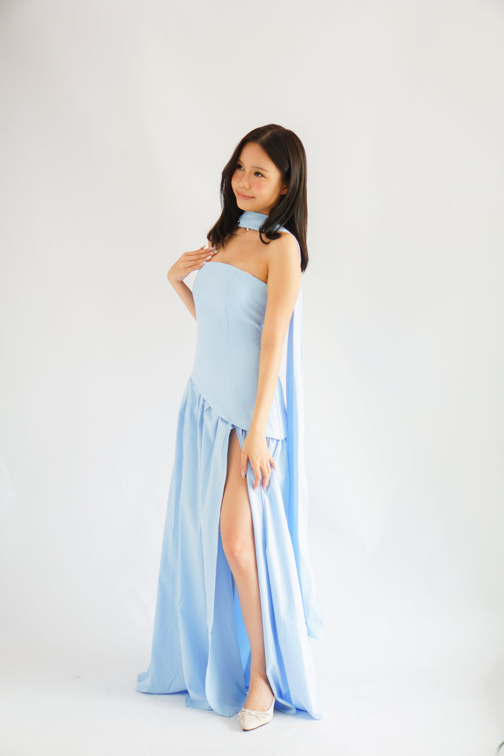 Dephora Tube Maxi Asymmetrical Dress with Sash in Light Blue