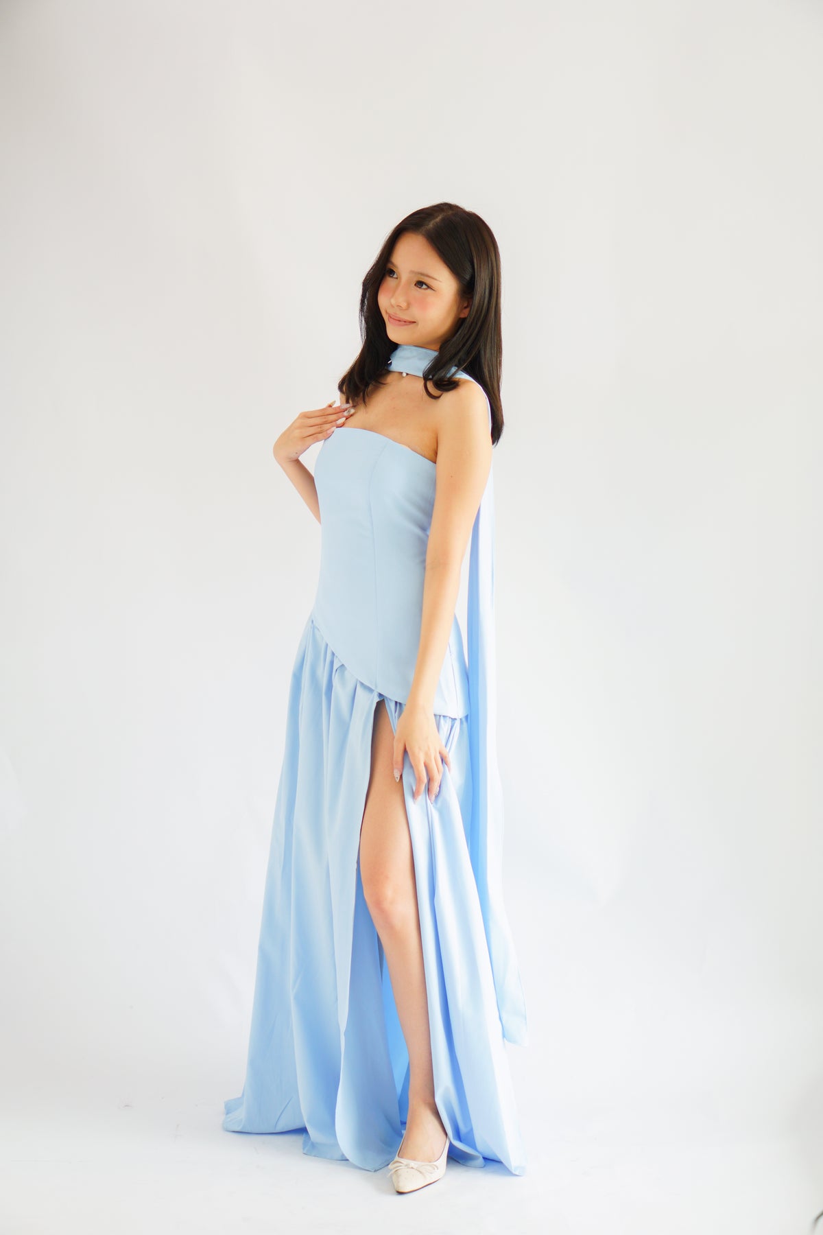Dephora Tube Maxi Asymmetrical Dress with Sash in Light Blue