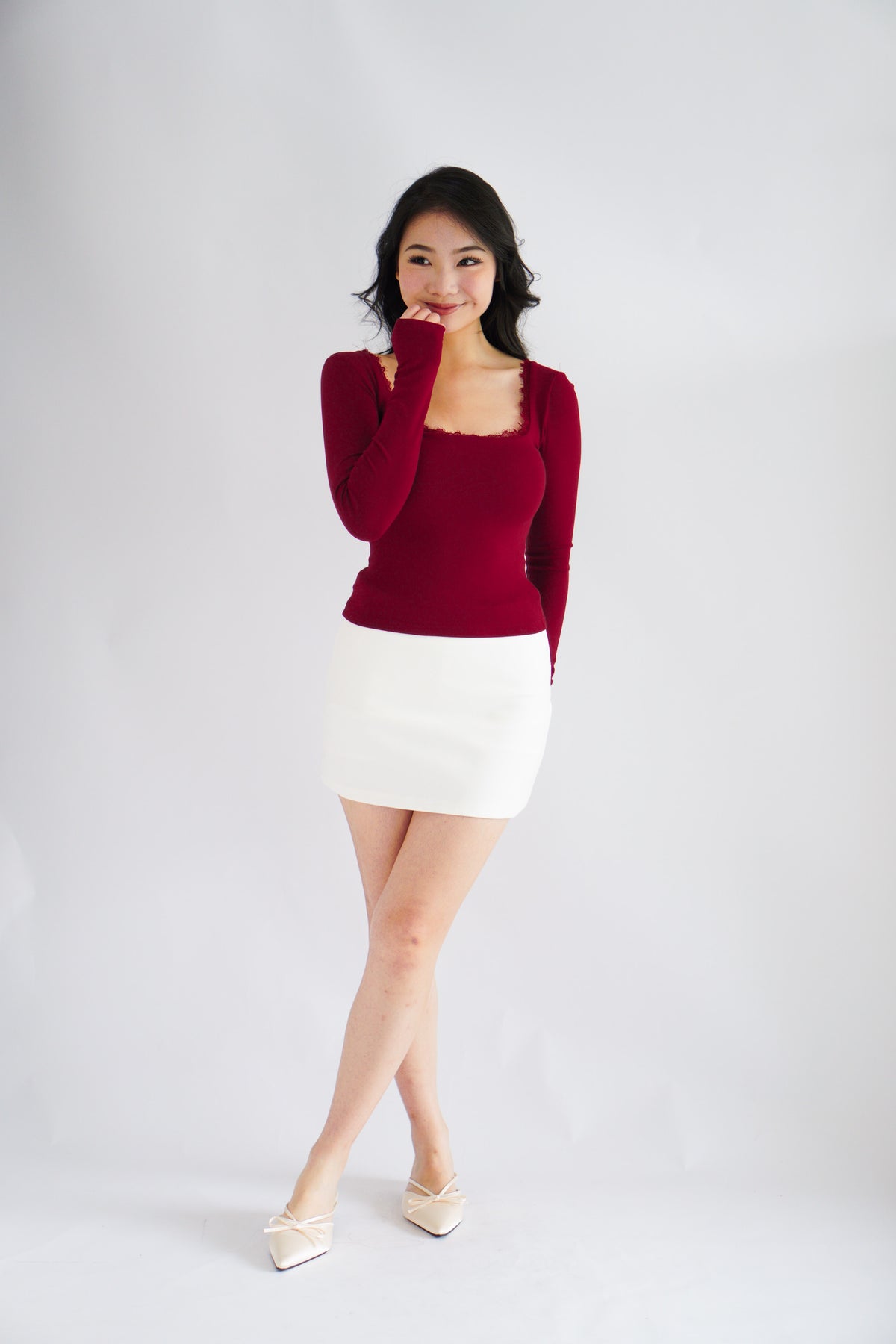 Frinda Square Neck Padded Long Sleeve Top with Lace in Red