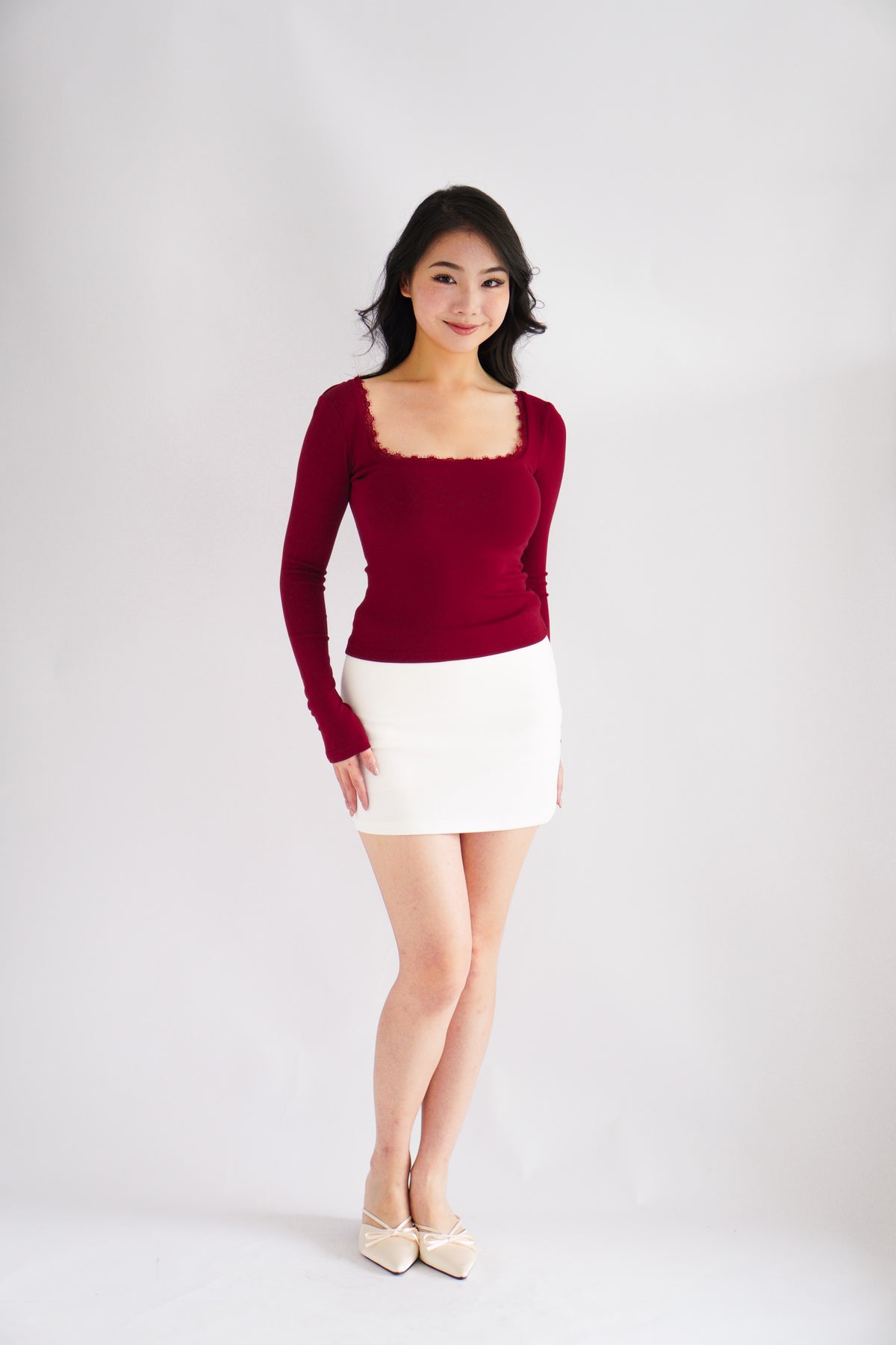 Frinda Square Neck Padded Long Sleeve Top with Lace in Red