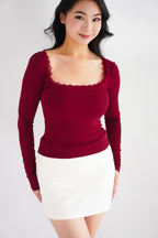 Frinda Square Neck Padded Long Sleeve Top with Lace in Red