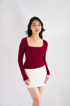 Frinda Square Neck Padded Long Sleeve Top with Lace in Red
