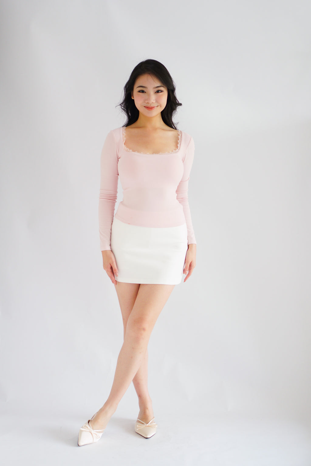 Frinda Square Neck Padded Long Sleeve Top with Lace in Pink