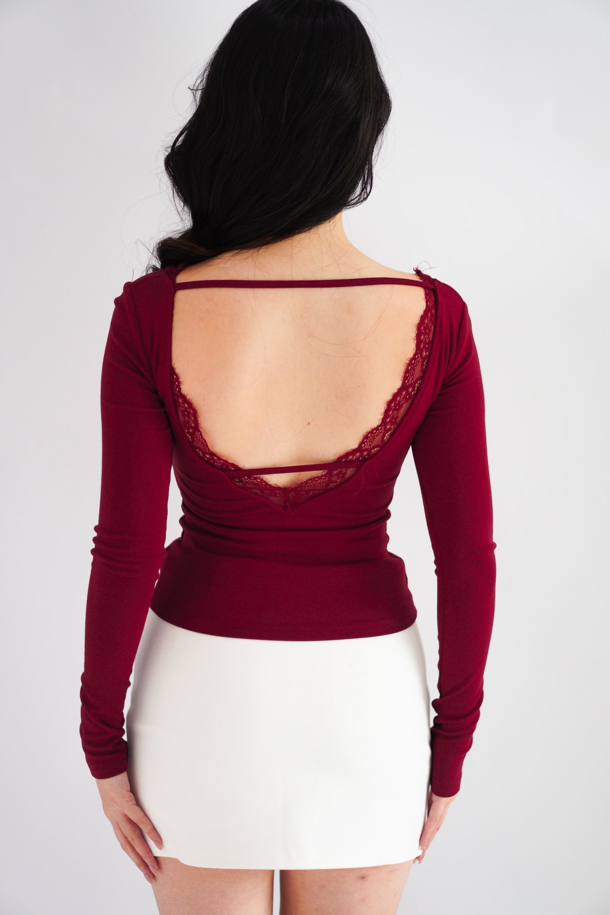 Frinda Square Neck Padded Long Sleeve Top with Lace in Red