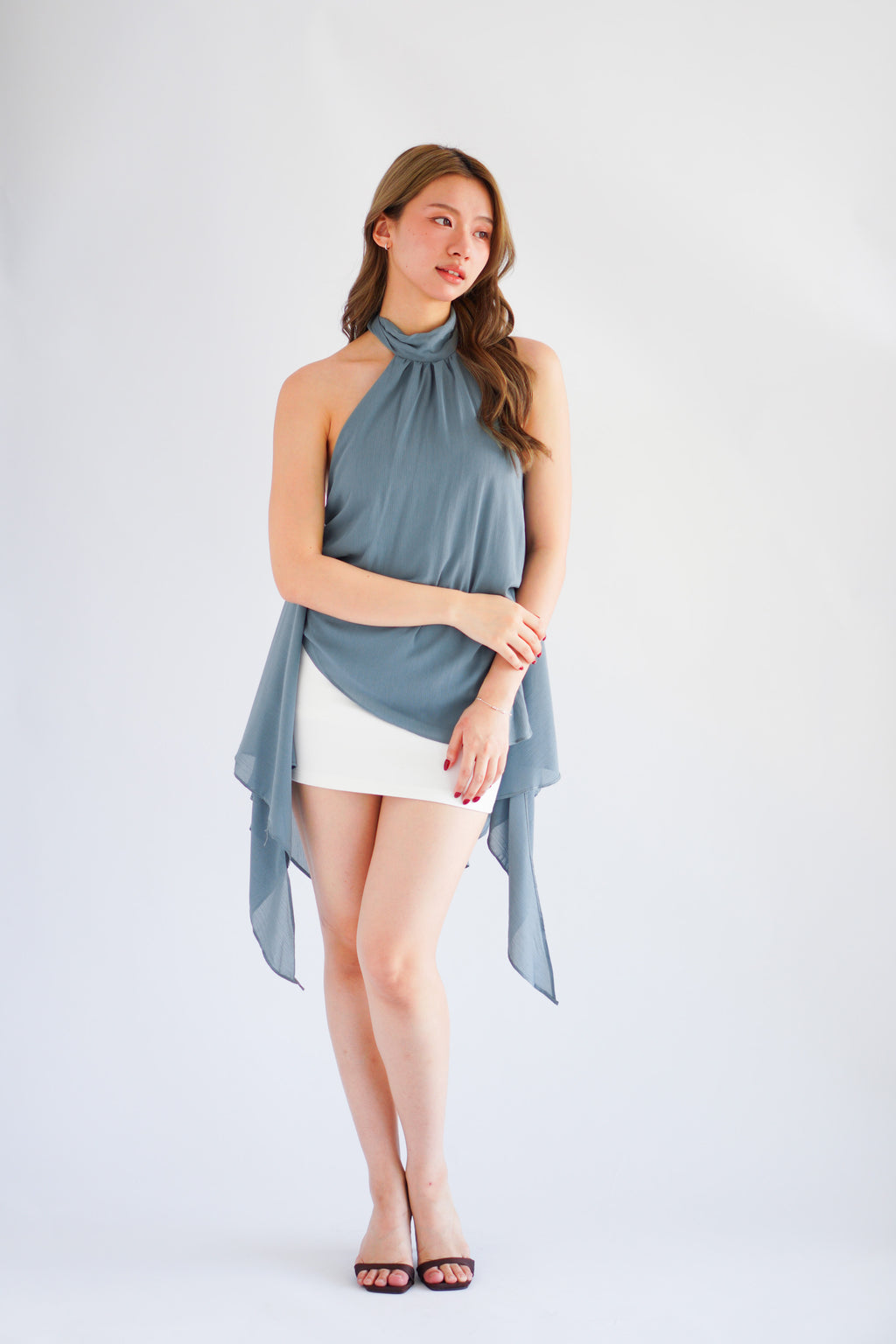 Luxie High Neck Frills Top in Dusty Blue