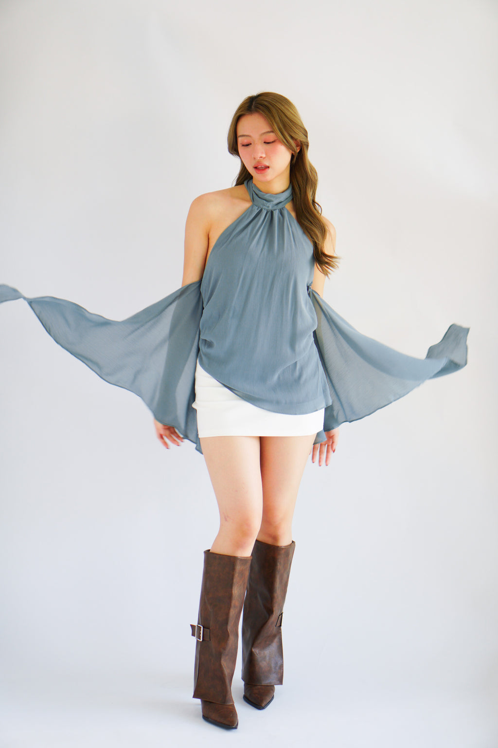 Luxie High Neck Frills Top in Dusty Blue