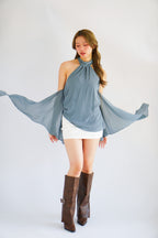 Luxie High Neck Frills Top in Dusty Blue