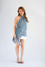 Luxie High Neck Frills Top in Dusty Blue