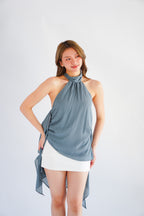 Luxie High Neck Frills Top in Dusty Blue
