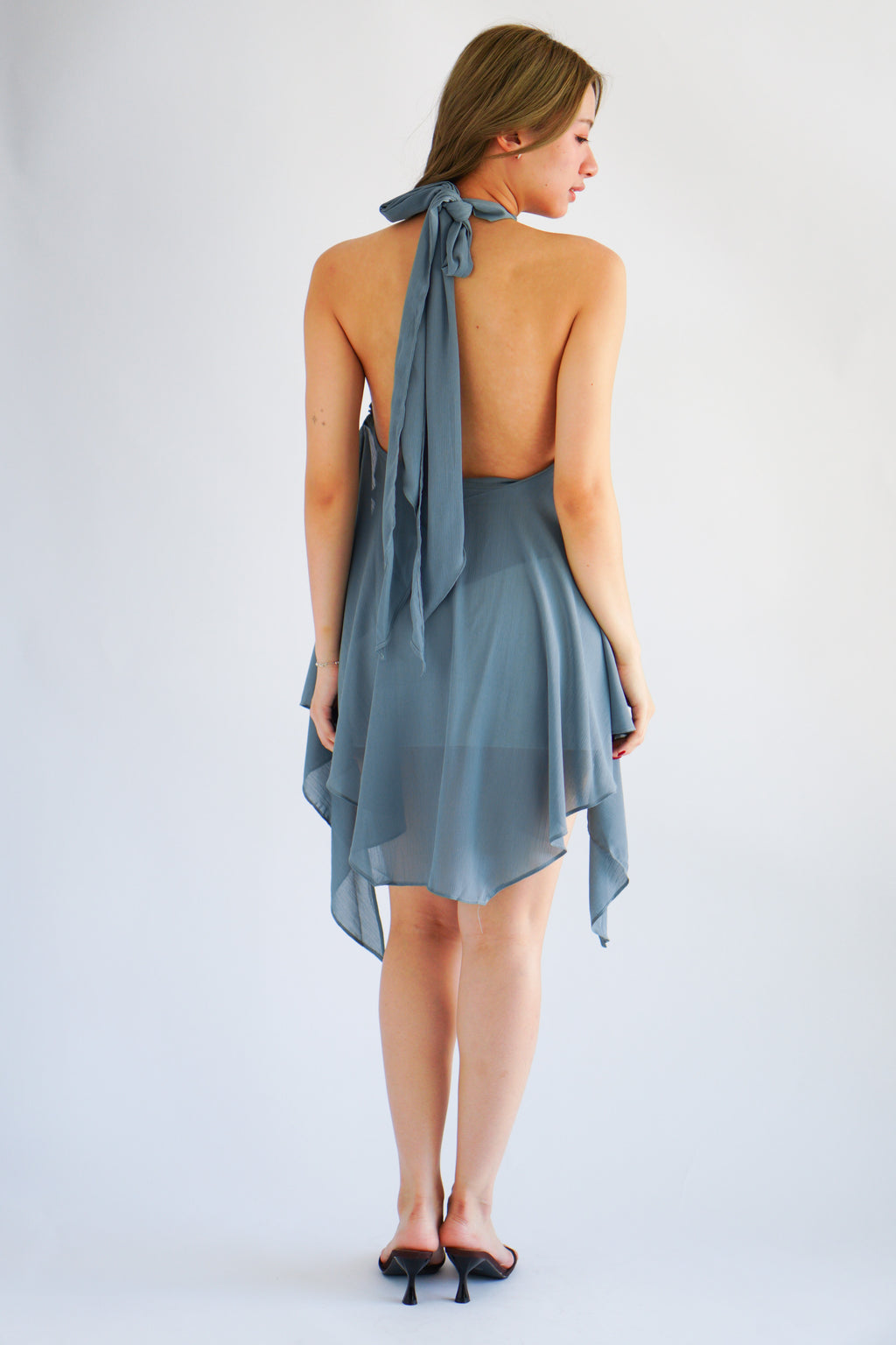 Luxie High Neck Frills Top in Dusty Blue