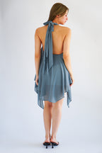 Luxie High Neck Frills Top in Dusty Blue