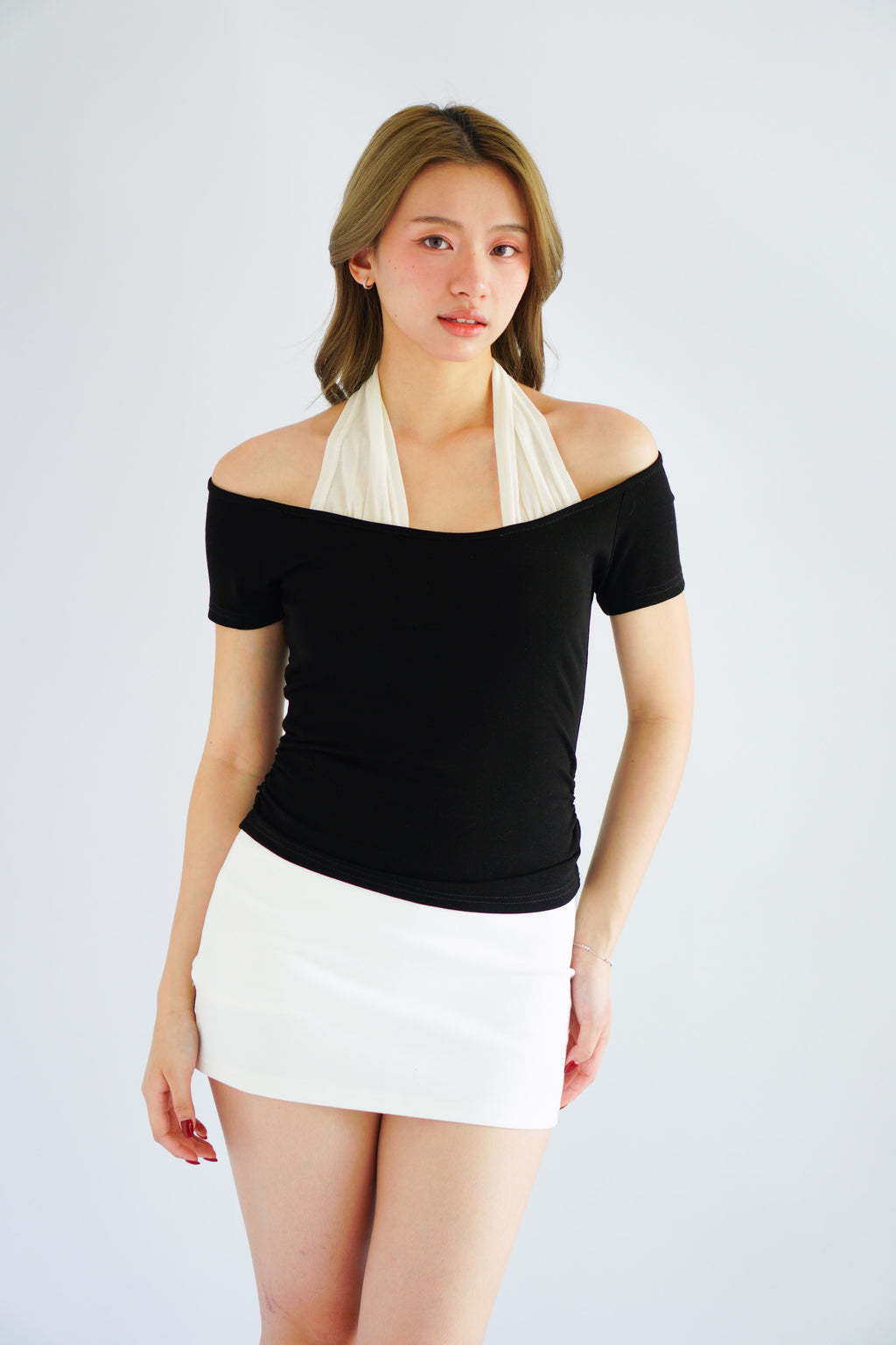 Jacey Halter Neck Faux 2 Piece Top in Black & White