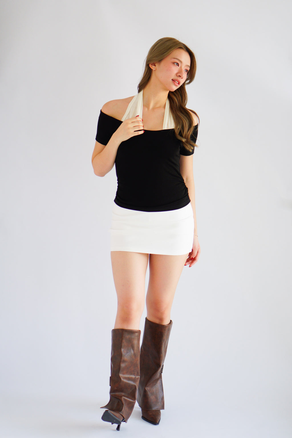Jacey Halter Neck Faux 2 Piece Top in Black & White