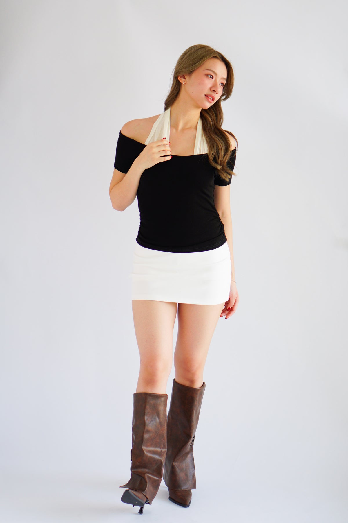 Jacey Halter Neck Faux 2 Piece Top in Black & White