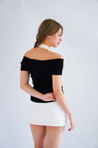 Jacey Halter Neck Faux 2 Piece Top in Black & White