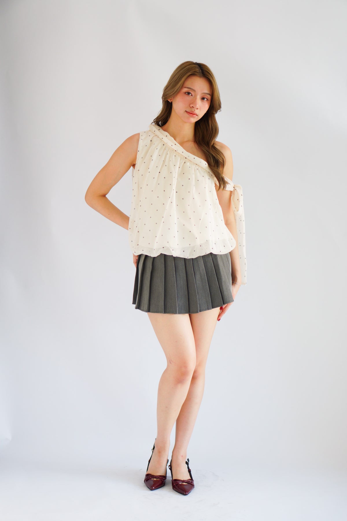 Temma Toga Polkadot Ribbon Self Tied Top in Cream