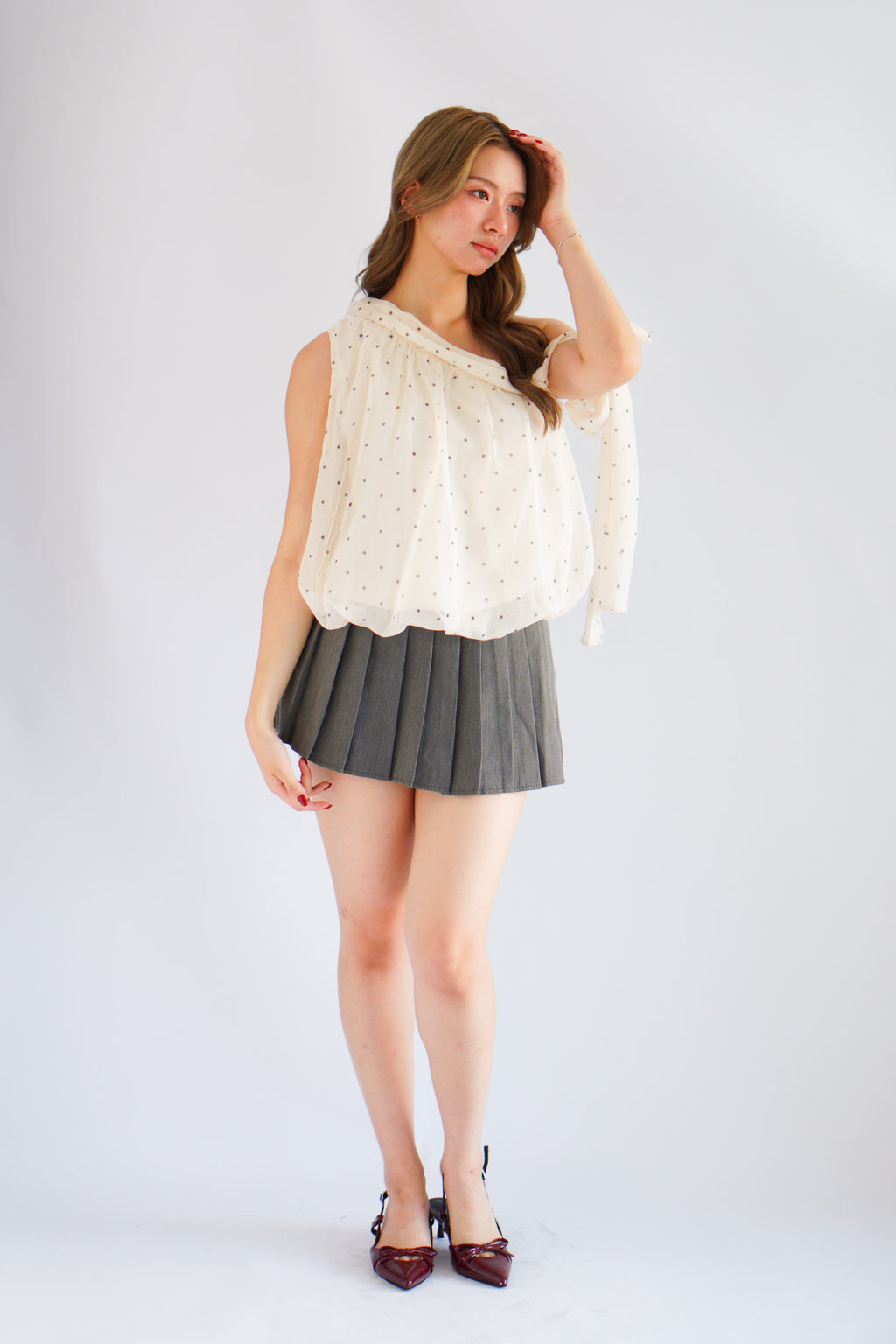 Temma Toga Polkadot Ribbon Self Tied Top in Cream