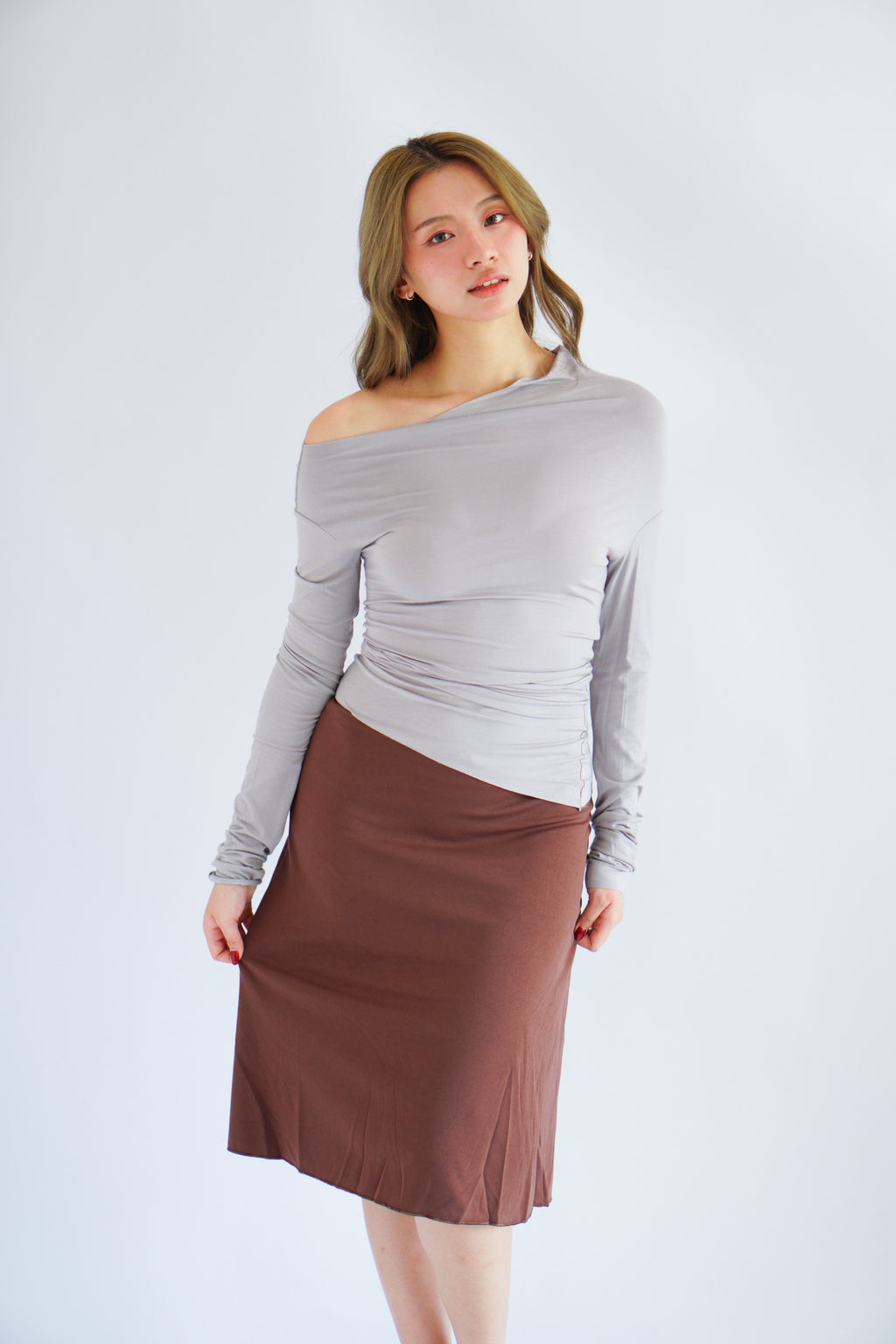 Hizzy Toga Ruched Long Sleeve Top in Grey