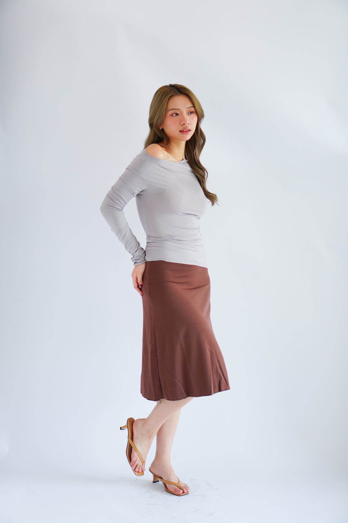 Hizzy Toga Ruched Long Sleeve Top in Grey