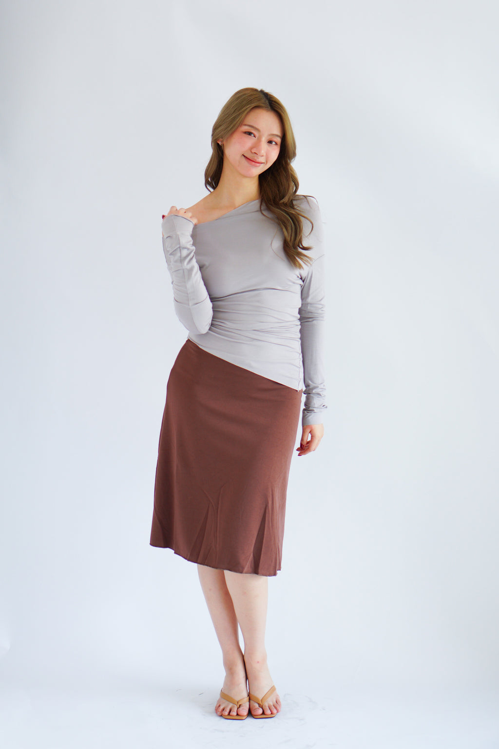 Hizzy Toga Ruched Long Sleeve Top in Grey