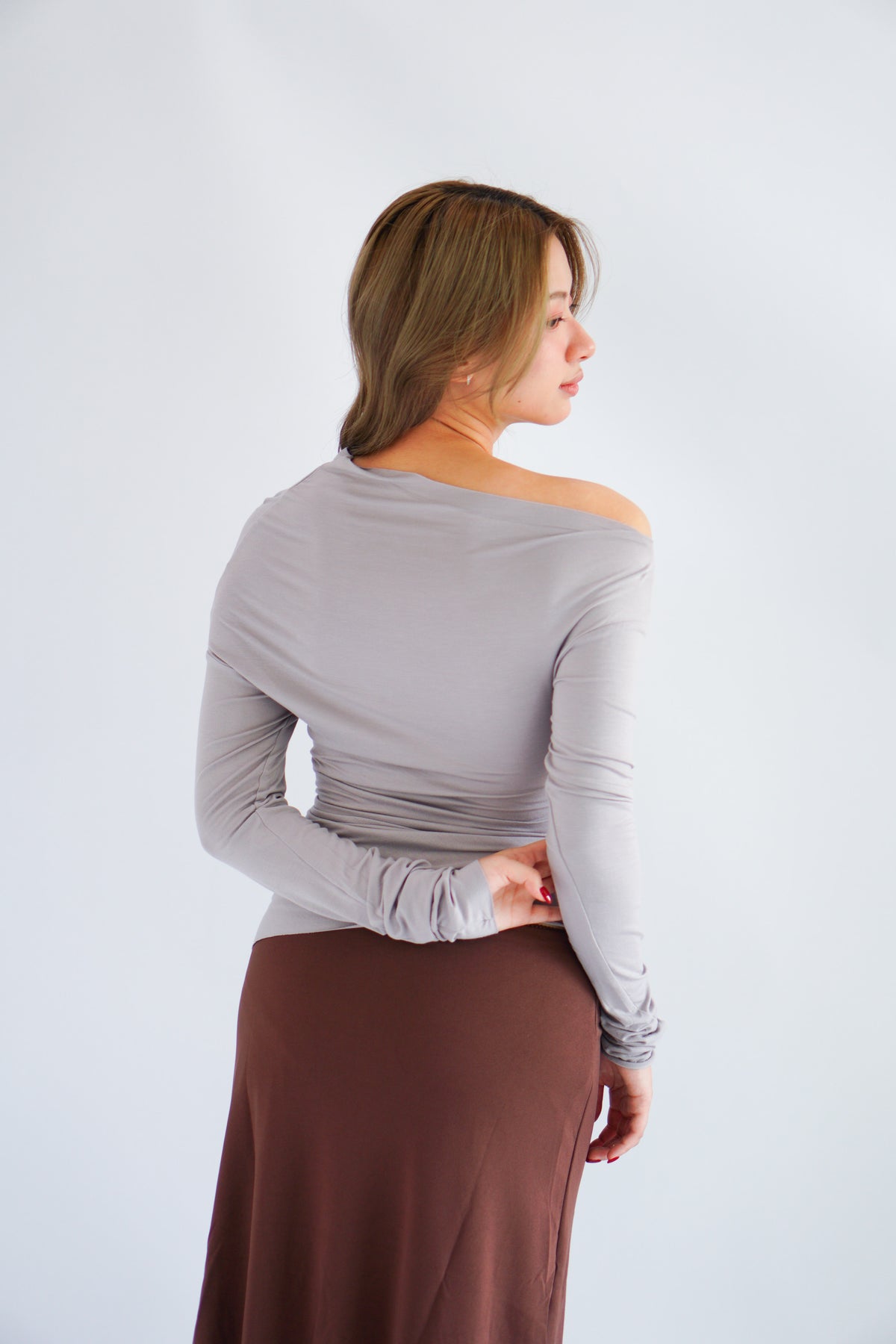 Hizzy Toga Ruched Long Sleeve Top in Grey