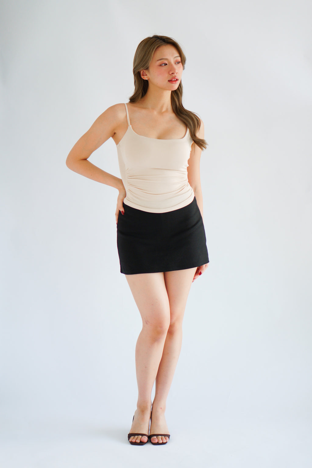 Revie Padded Ruched Camisole Top in Beige