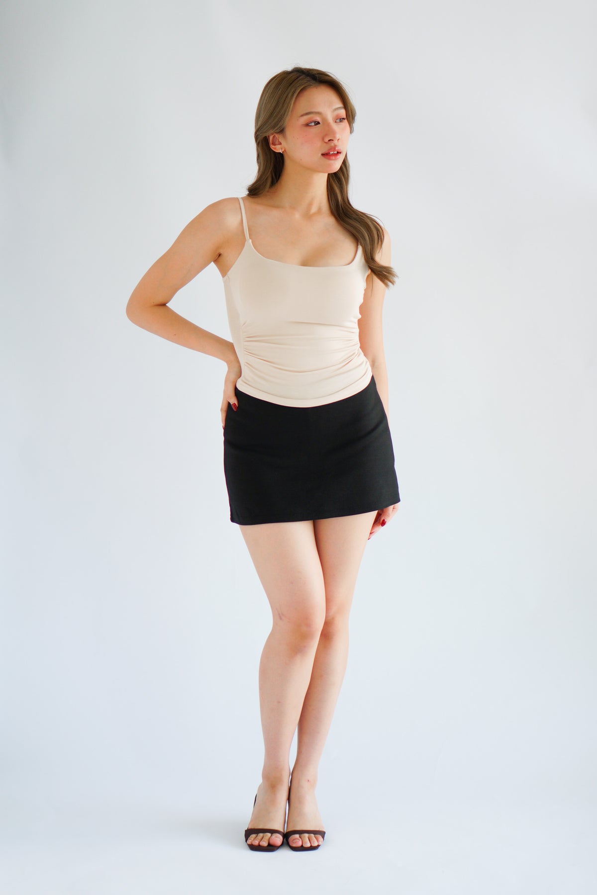 Revie Padded Ruched Camisole Top in Beige