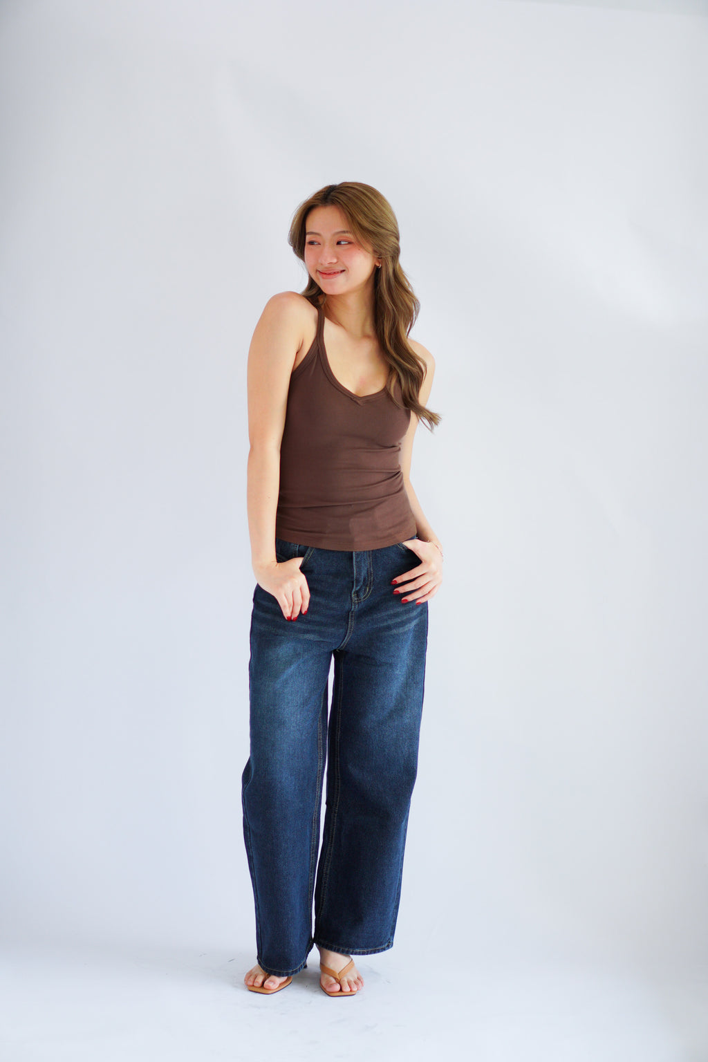 Esme Basic V Neck Camisole Top in Brown