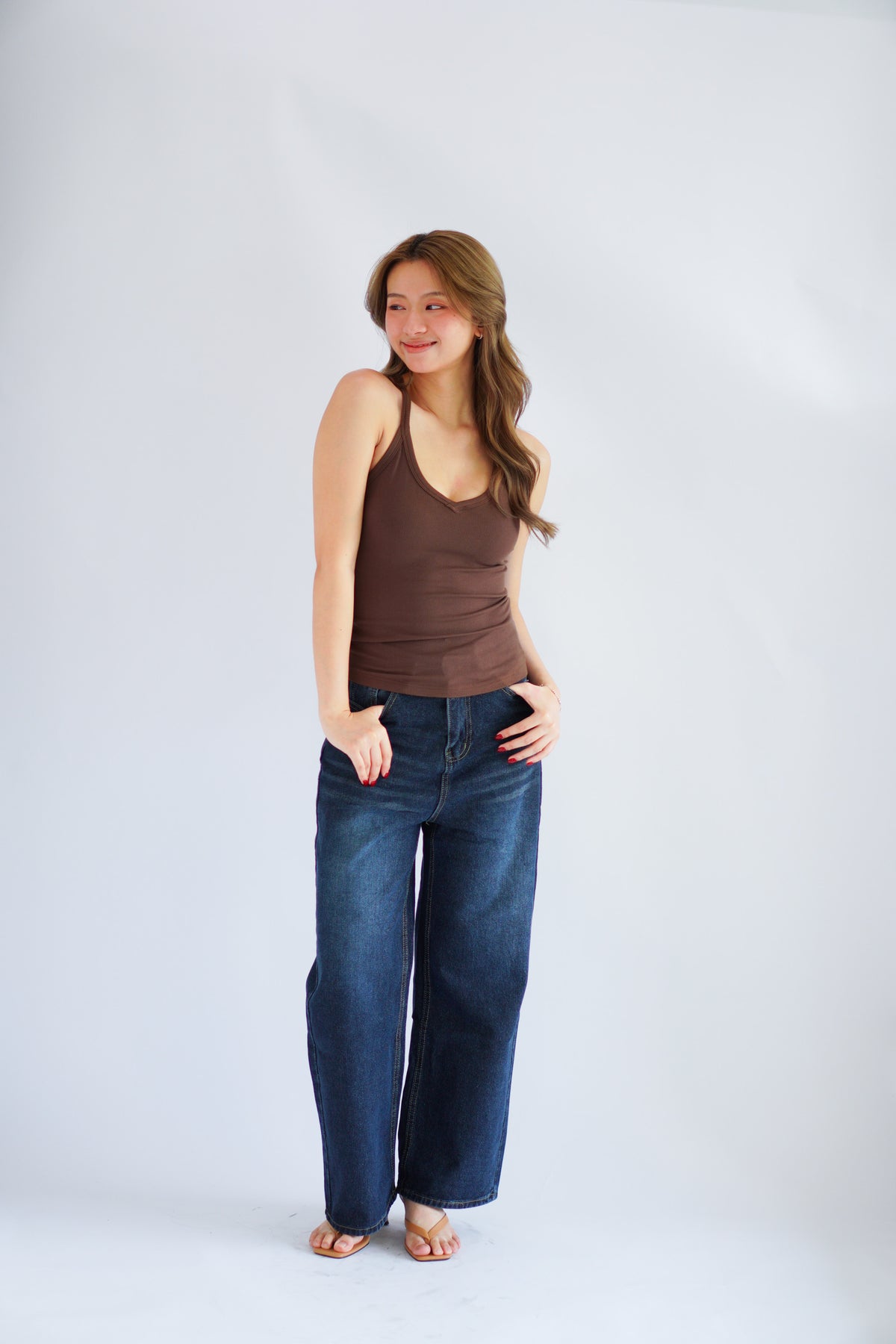 Esme Basic V Neck Camisole Top in Brown