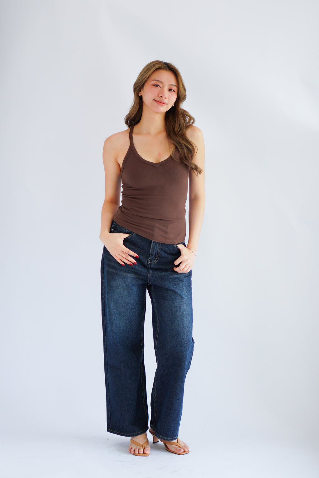 Esme Basic V Neck Camisole Top in Brown