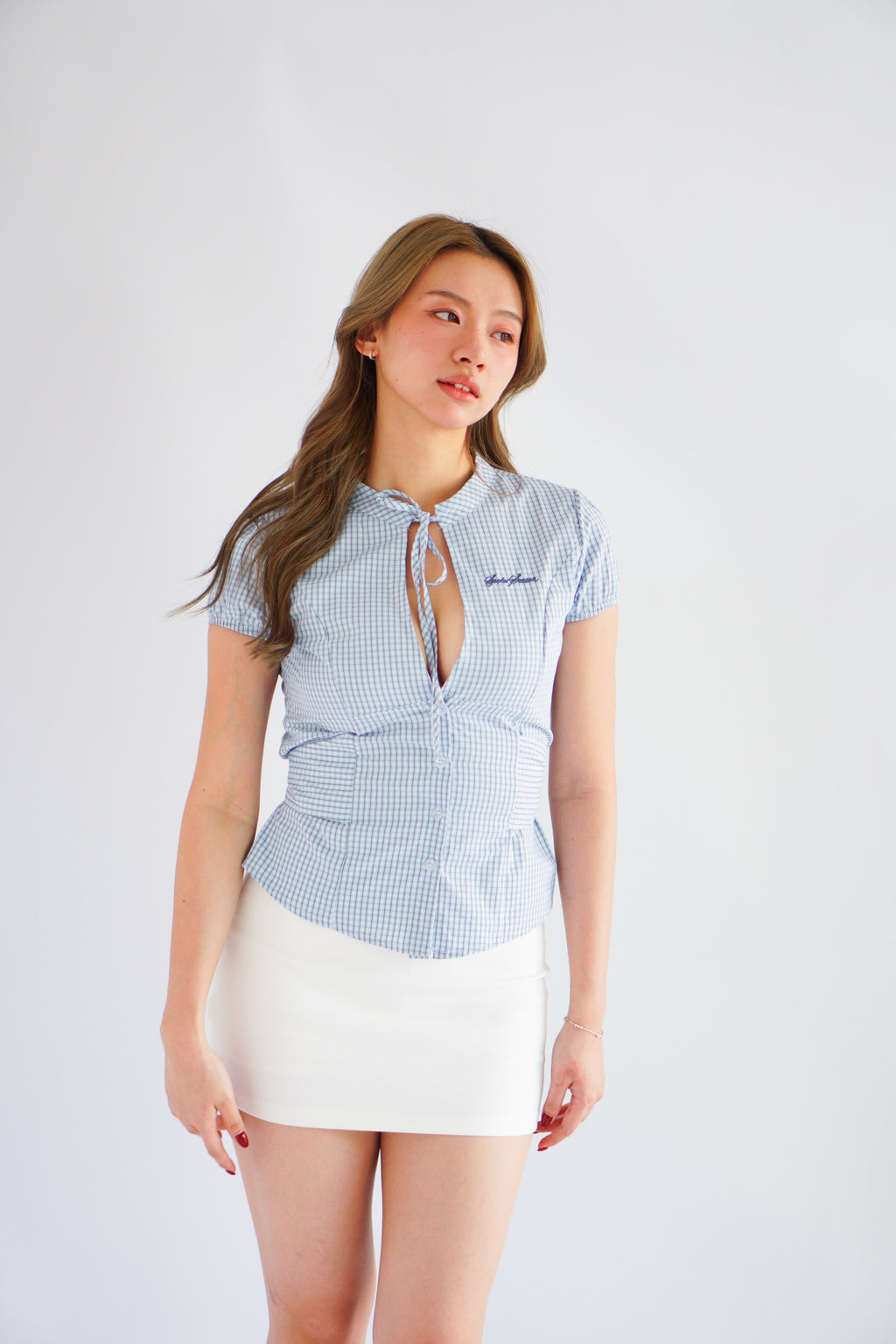 Oria Keyhole Cutout Grid Top in Blue