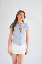 Oria Keyhole Cutout Grid Top in Blue