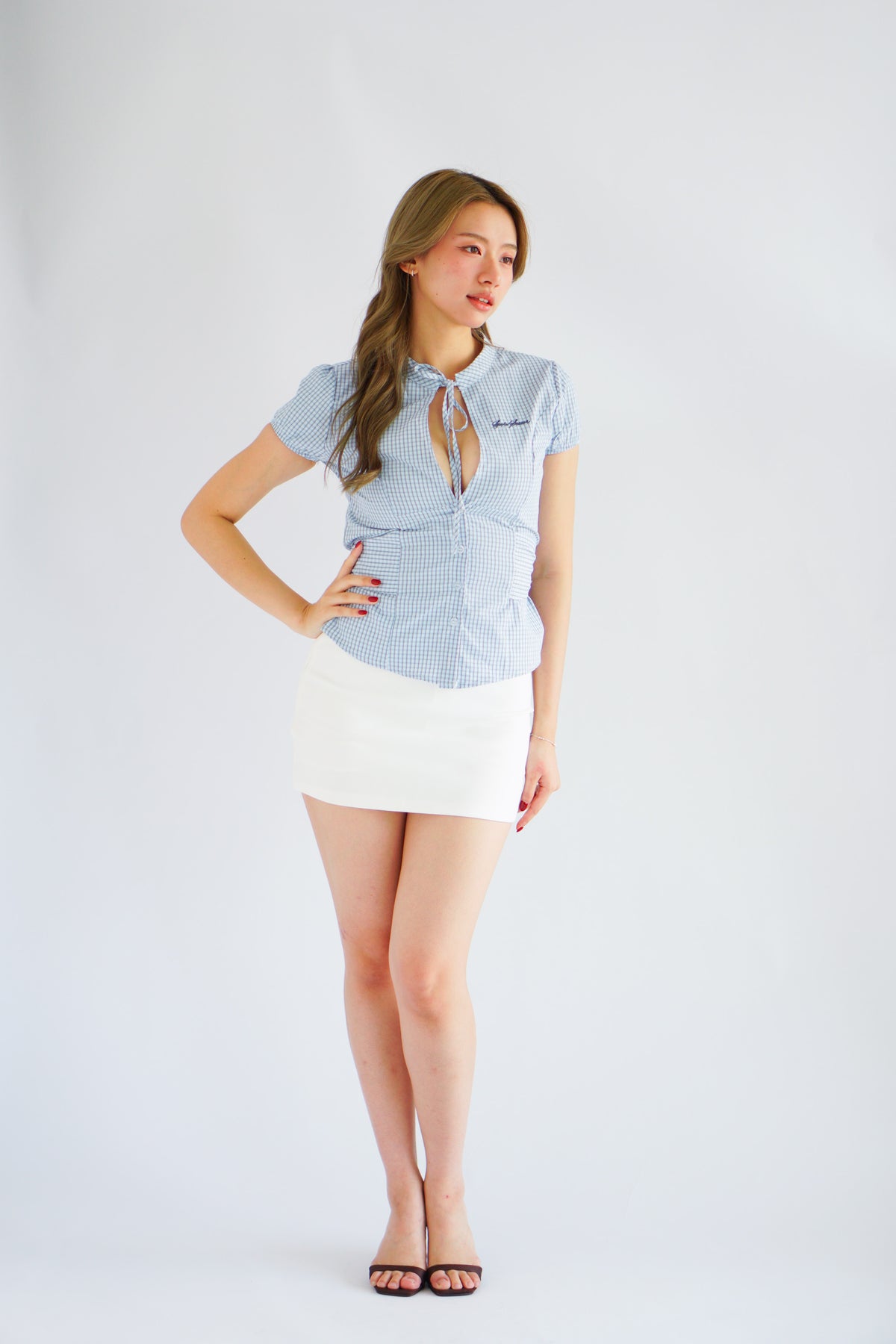 Oria Keyhole Cutout Grid Top in Blue