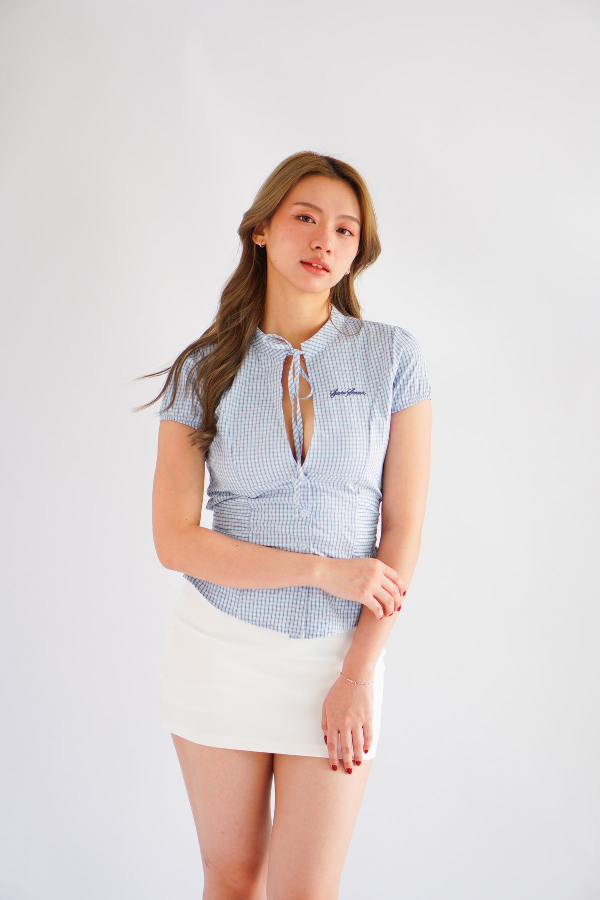 Oria Keyhole Cutout Grid Top in Blue