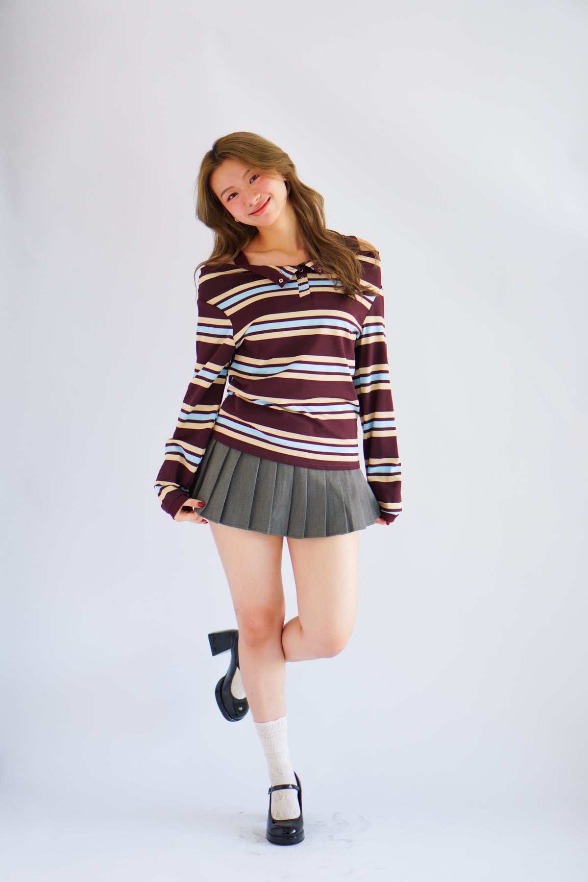 Caski Faux 2 Layer Camisole Long Sleeve Stripes Top