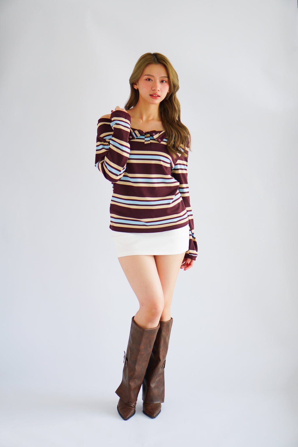 Caski Faux 2 Layer Camisole Long Sleeve Stripes Top