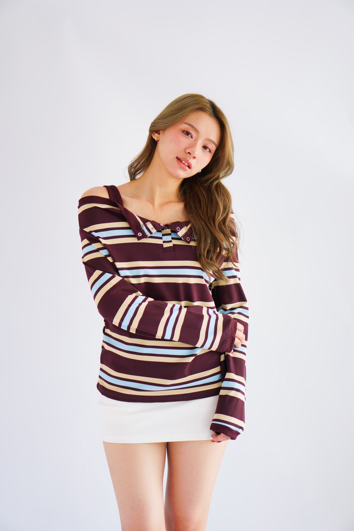 Caski Faux 2 Layer Camisole Long Sleeve Stripes Top