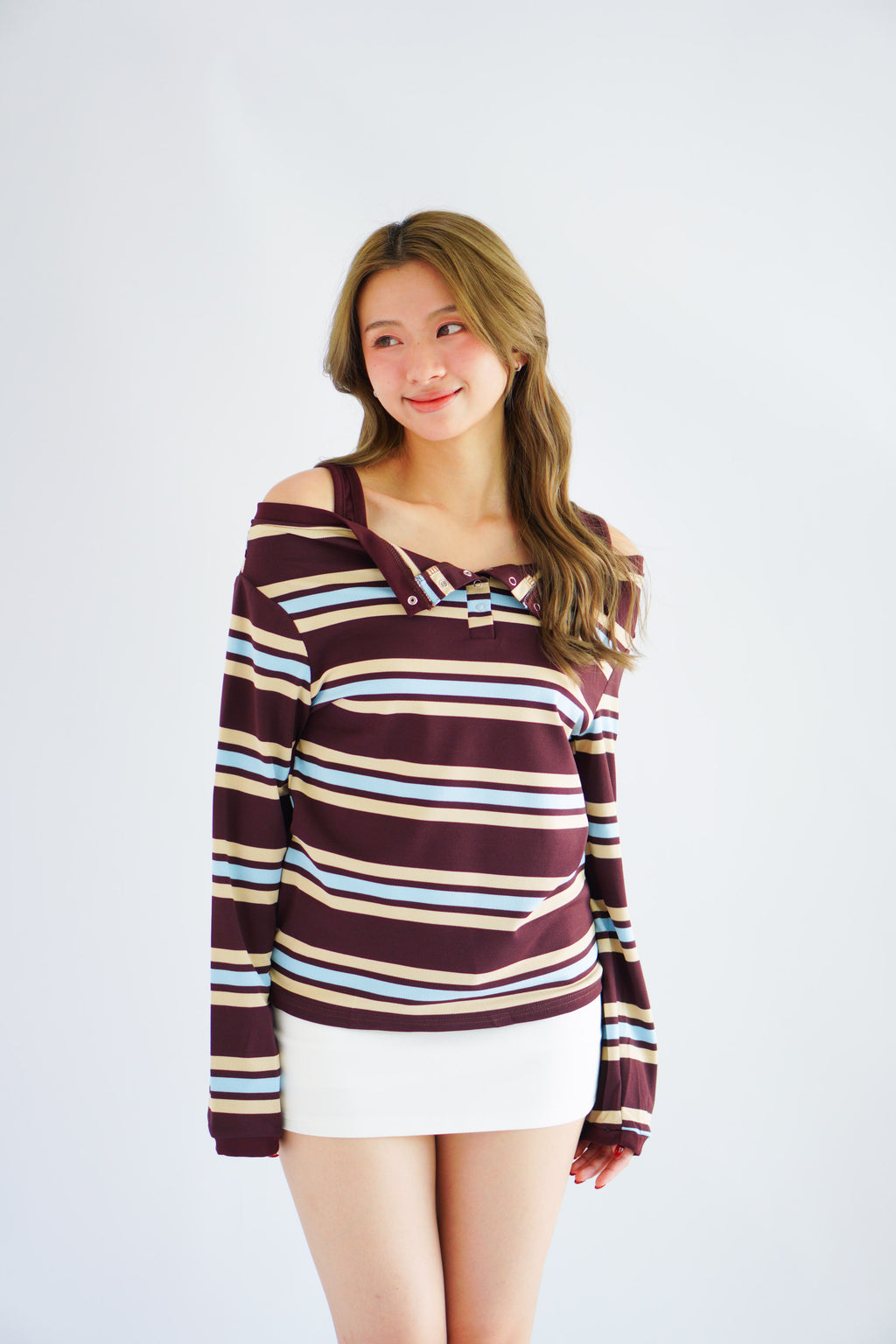 Caski Faux 2 Layer Camisole Long Sleeve Stripes Top