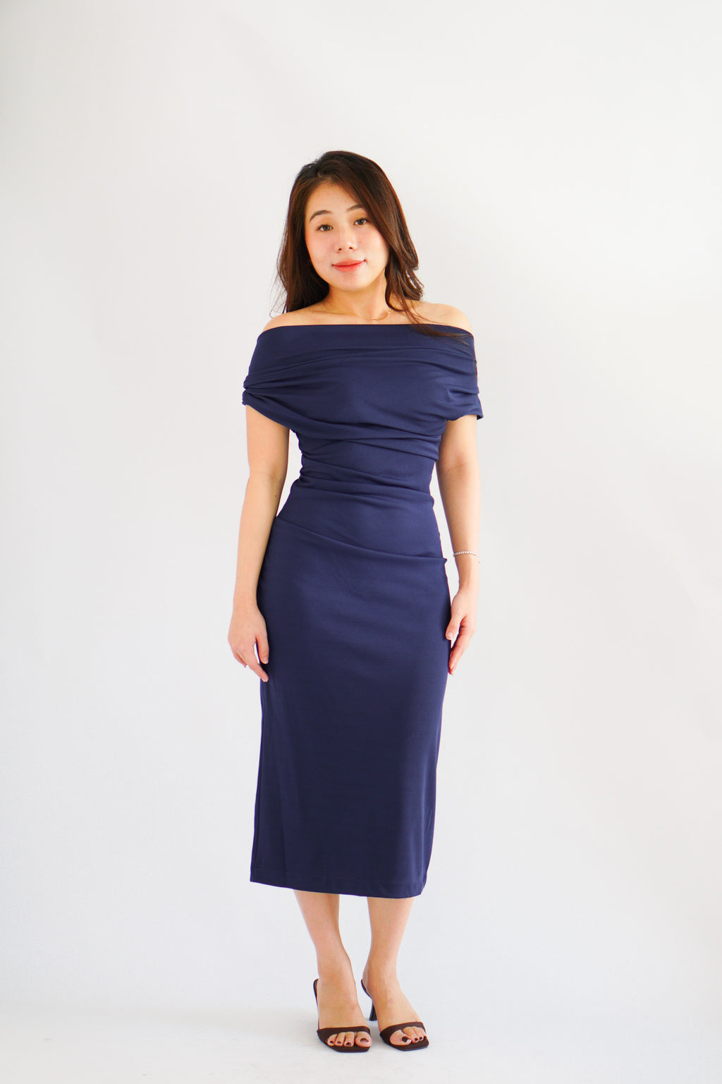 Nhaya Toga Off Shoulder Bodycon Maxi Dress in Dark Blue